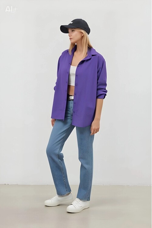 Kadın Mor Oversize Uzun Basic Gömlek Hzl22w-bd139001
