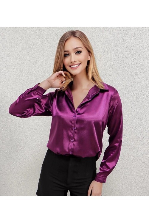 Kadın Mor Saten Yüzeyli Tesettür Gömlek HZL25W-BD139641