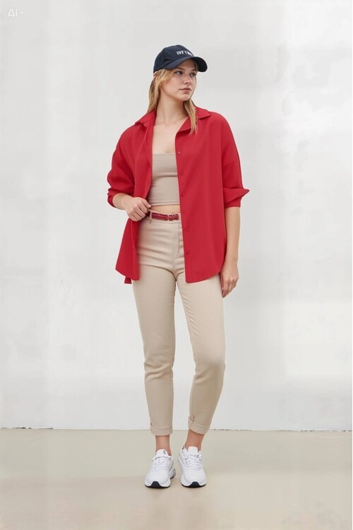Kadın NAR Çiçeği Oversize Uzun Basic Gömlek HZL22W-BD139001