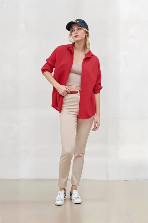 Kadın NAR Çiçeği Oversize Uzun Basic Gömlek HZL22W-BD139001