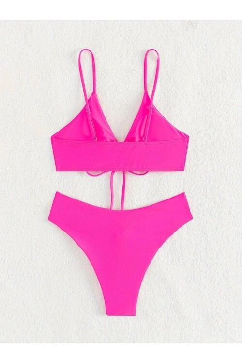 Kadın Neon Pembe İp Detaylı Astarlı V Kesim Üçgen Bikini Takım HZL24S-LC2234
