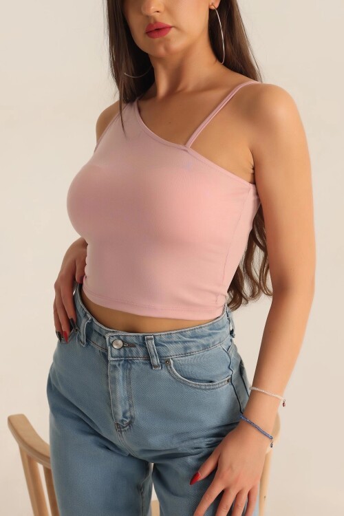 Kadın Pembe Askılı Tek Omuz Likralı Crop Bluz HZL23S-SND120171