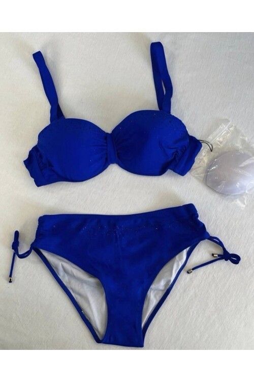 Kadın Saks Mavi Taş İşlemeli Astarlı Bikini Takım HZL25S-LC3361