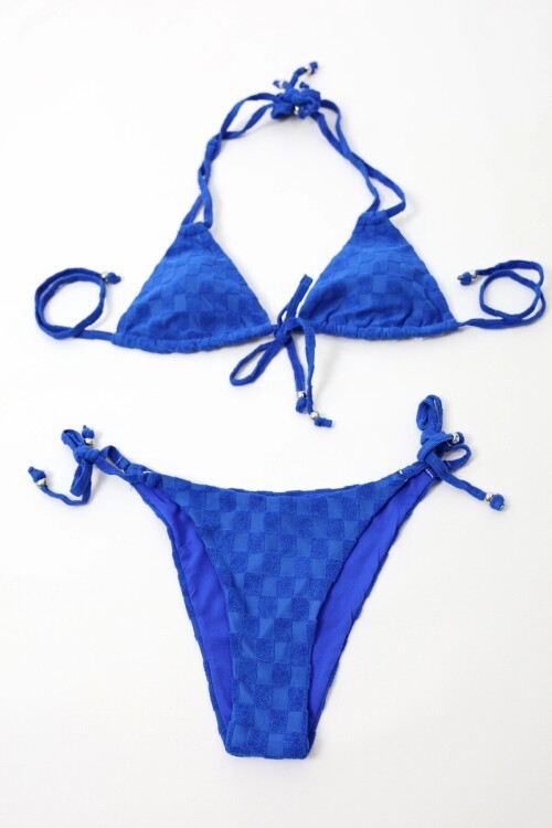 Kadın Saks Mavisi  İp Bağlamalı Aksesuarlı Astarlı Yüksek Bel Üçgen Bikini Takım HZL24S-LC2229