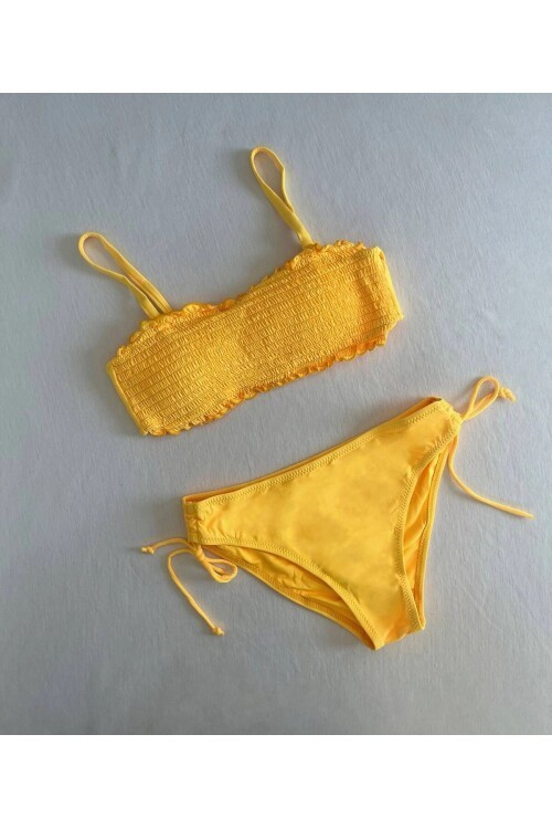 Kadın Sarı Büzgülü Astarlı Bikini Takım HZL25S-LC3349