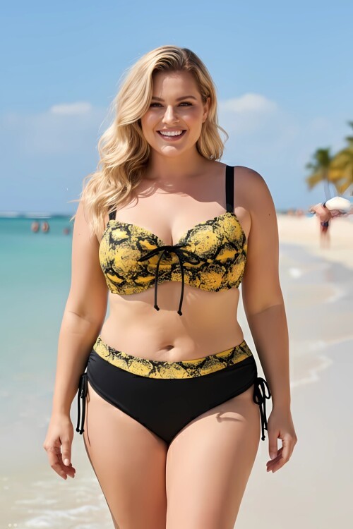 Kadın Sarı Siyah Desenli Taş İşlemeli Toparlayıcı Büyük Beden Bikini Takım HZL25S-LC3333