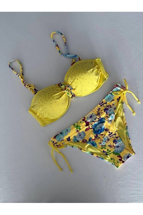 Kadın Sarı Taş İşlemeli Astarlı Bikini Takım HZL25S-LC208