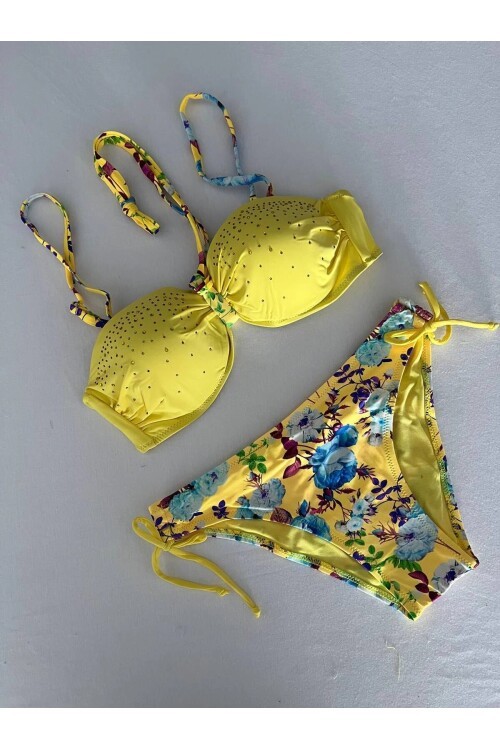 Kadın Sarı Taş İşlemeli Astarlı Bikini Takım HZL25S-LC208