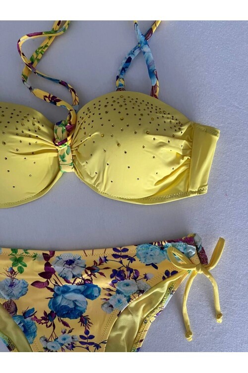 Kadın Sarı Taş İşlemeli Astarlı Bikini Takım HZL25S-LC208