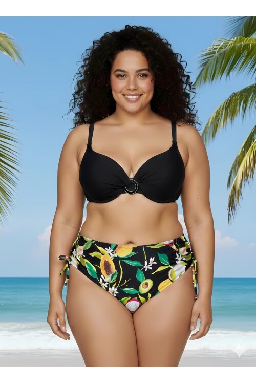Kadın Siyah Aksesuar Detaylı Tropikal Desen Büyük Beden Bikini Takım HZL25S-LC3343