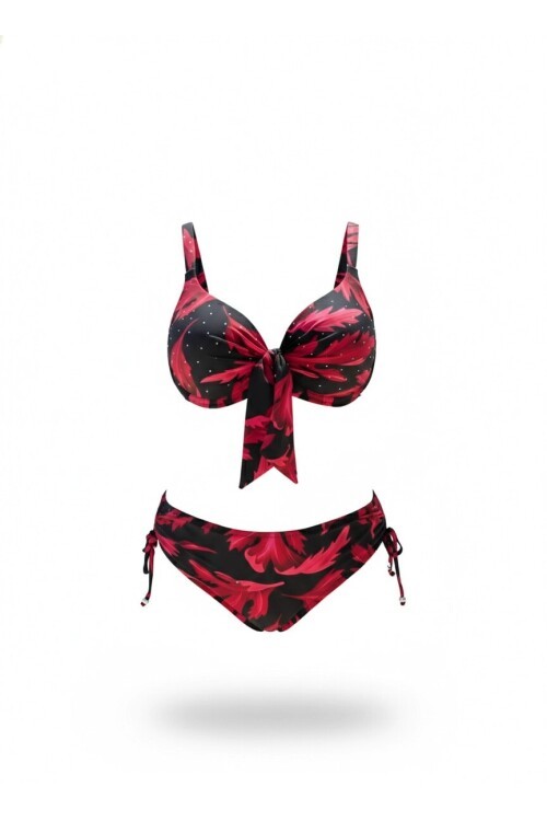 Kadın Siyah Bordo Taş İşlemeli Büyük Beden Bikini Takım HZL25S-LC3337