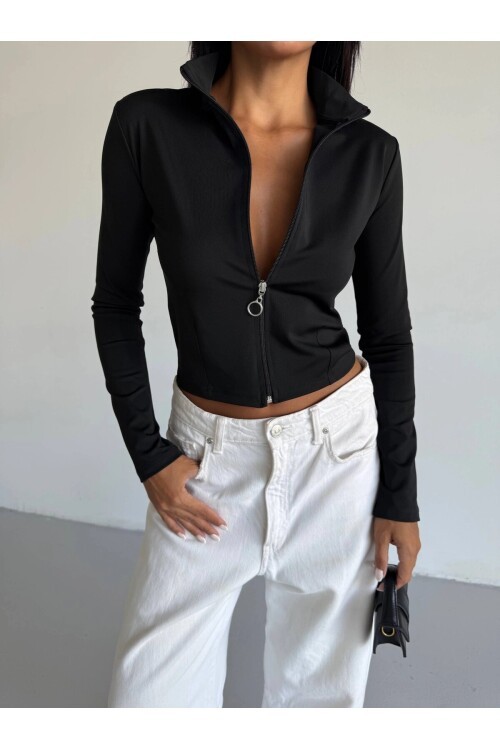 Kadın Siyah Dalgıç Kumaş Fermuar Kapamalı Parmak Geçirmeli Sweatshirt HZL25W-FRY123441