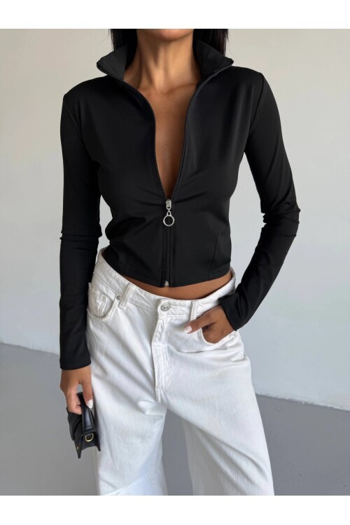 Kadın Siyah Dalgıç Kumaş Fermuar Kapamalı Parmak Geçirmeli Sweatshirt HZL25W-FRY123441