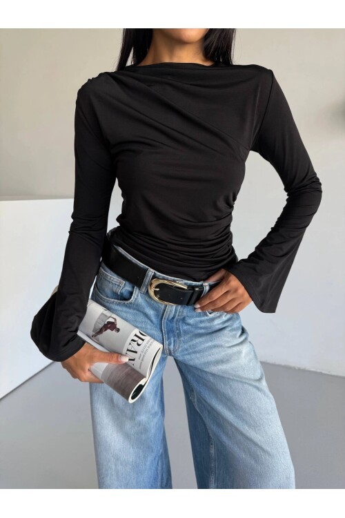 Kadın Siyah Drape Detaylı İspanyol Kol Sany Bluz HZL25W-FRY123431