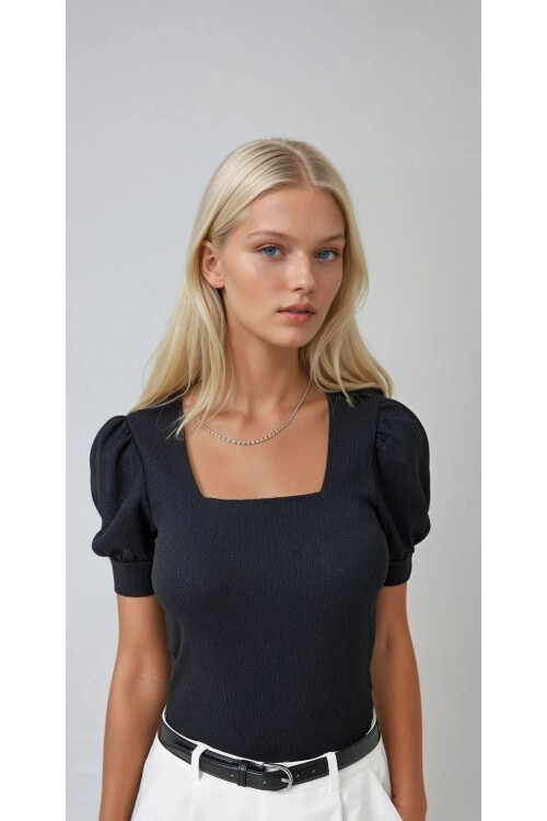 Kadın Siyah Kare Yaka Örme Bluz HZL22W-BD104091