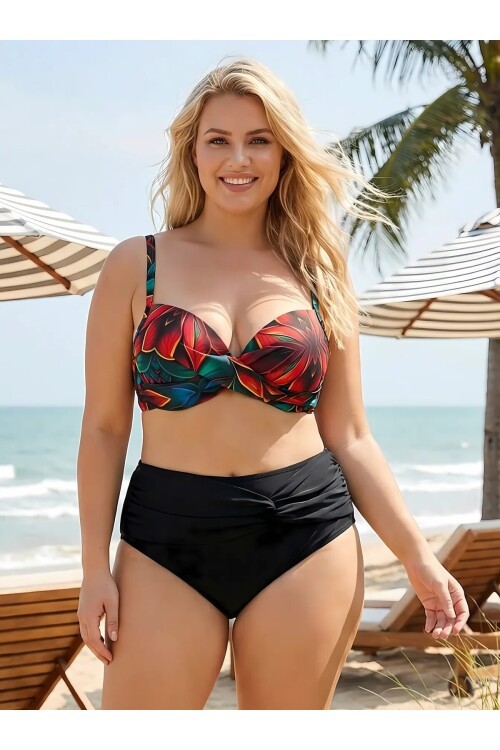 Kadın Siyah Kırmızı Çiçek Desenli Astarlı Büyük Beden Bikini Takımı HZL25S-LC24108