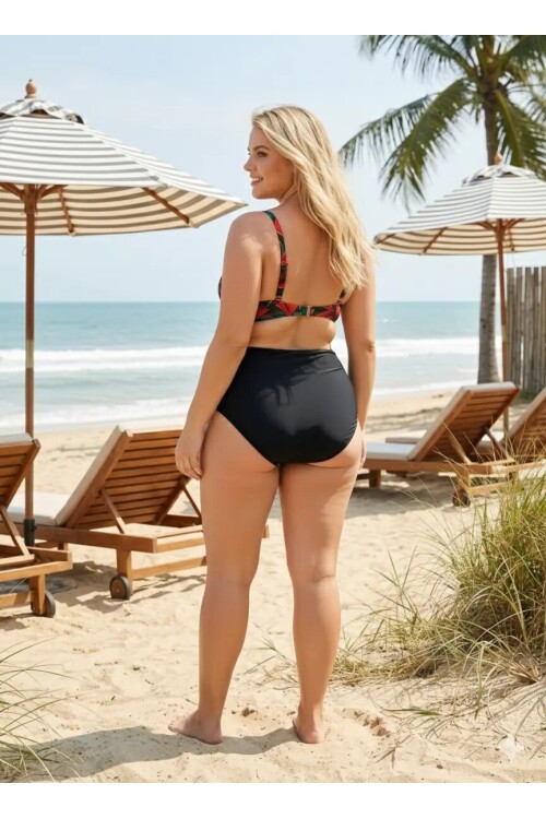 Kadın Siyah Kırmızı Çiçek Desenli Astarlı Büyük Beden Bikini Takımı HZL25S-LC24108