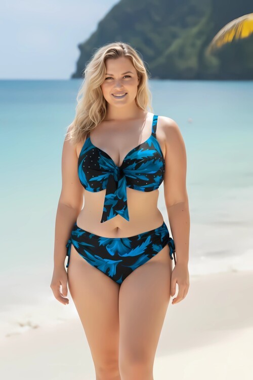 Kadın Siyah Mavi Taş İşlemeli Büyük Beden Bikini Takım HZL25S-LC3337