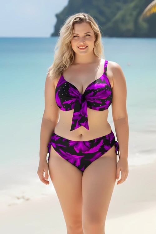 Kadın Siyah Mor Taş İşlemeli Büyük Beden Bikini Takım HZL25S-LC3337