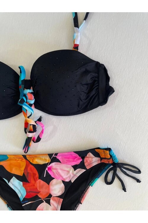 Kadın Siyah Taş İşlemeli Astarlı Bikini Takım HZL25S-LC207
