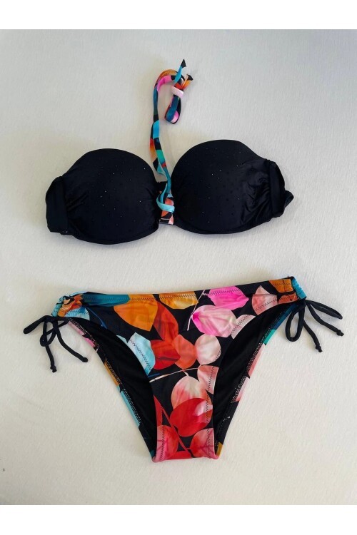 Kadın Siyah Taş İşlemeli Astarlı Bikini Takım HZL25S-LC207