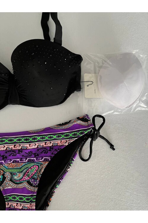 Kadın Siyah Taş İşlemeli Desenli 3 Parça Etekli Bikini Takım HZL25S-LC3326