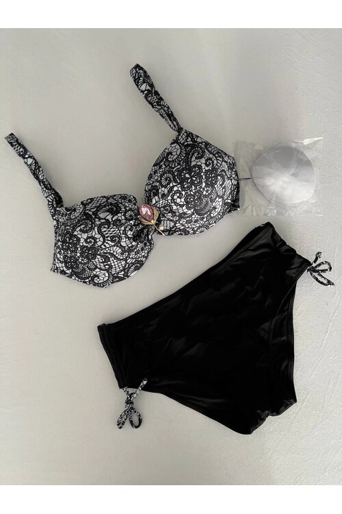 Kadın Siyah Taş İşlemeli Toka Aksesuarlı Büyük Beden Bikini Takım HZL25S-LC3311
