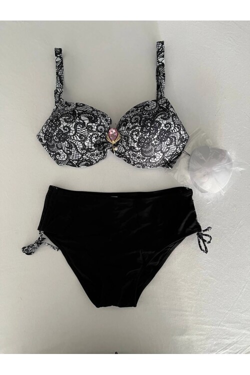 Kadın Siyah Taş İşlemeli Toka Aksesuarlı Büyük Beden Bikini Takım HZL25S-LC3311