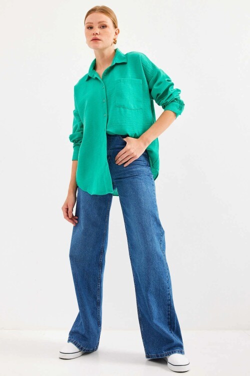 Kadın Su Yeşil Tek Cepli Oversize Keten Ayrobin Gömlek HZL24S-BD1201531