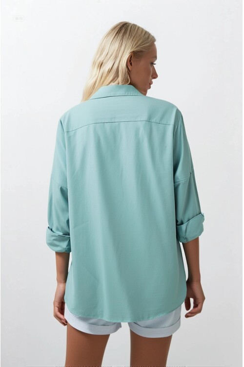 Kadın Su Yeşili Oversize Uzun Basic Gömlek  HZL22W-BD139001