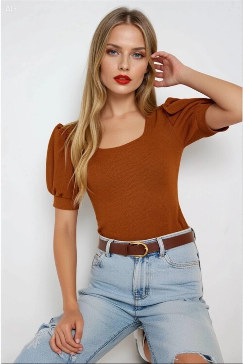 Kadın Taba Kare Yaka Örme Bluz HZL22W-BD104091