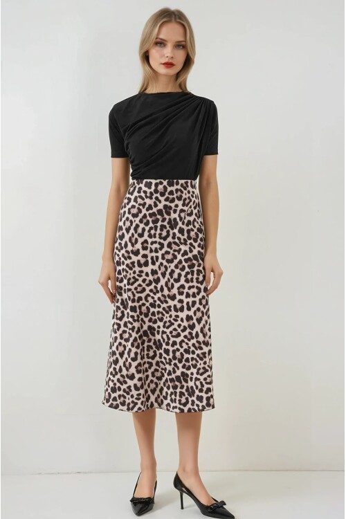 Kadın Vizon Leopar Desenli Saten Yüzeyli Beli Lastikli Midi Boy Etek Hzl23S-BD1101471