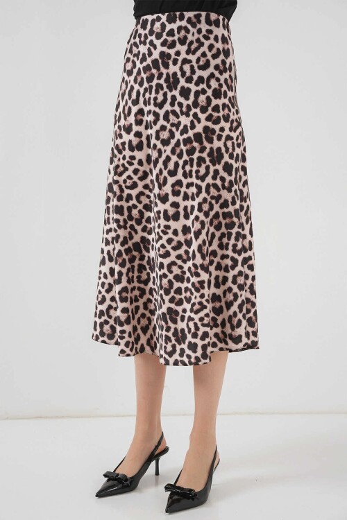 Kadın Vizon Leopar Desenli Saten Yüzeyli Beli Lastikli Midi Boy Etek Hzl23S-BD1101471
