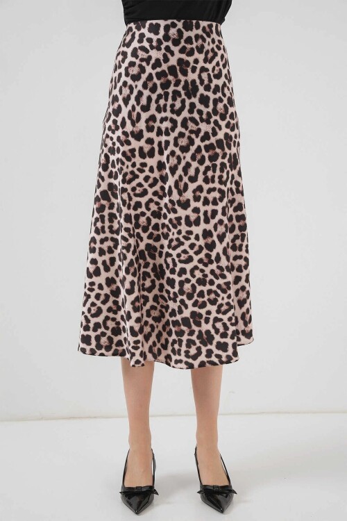 Kadın Vizon Leopar Desenli Saten Yüzeyli Beli Lastikli Midi Boy Etek Hzl23S-BD1101471