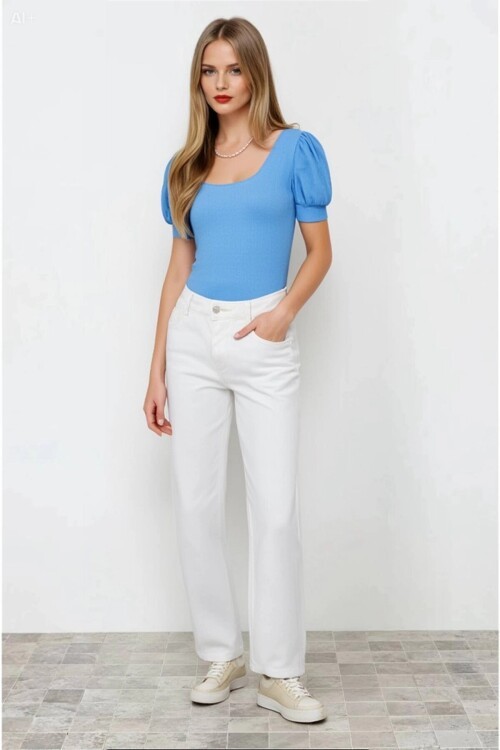 Kadın Yeni Mavi Kare Yaka Örme Bluz HZL22W-BD104091