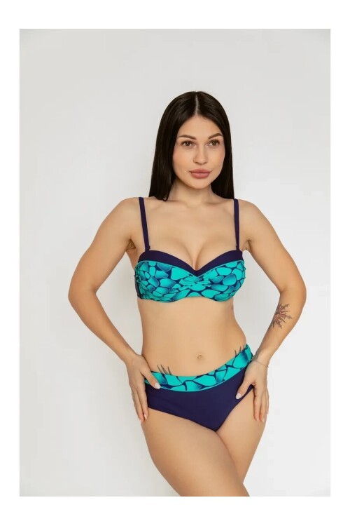 Kadın Yeşil Lacivert Desenli Astarlı Büyük Beden Bikini Takımı HZL25S-LC25143