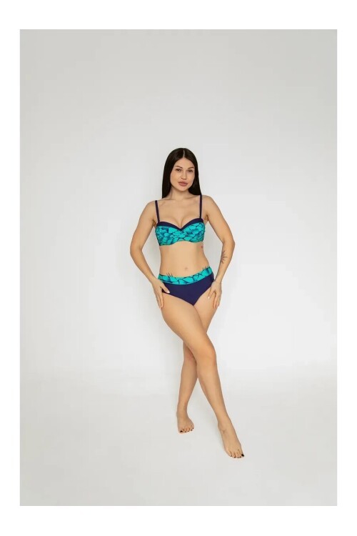 Kadın Yeşil Lacivert Desenli Astarlı Büyük Beden Bikini Takımı HZL25S-LC25143