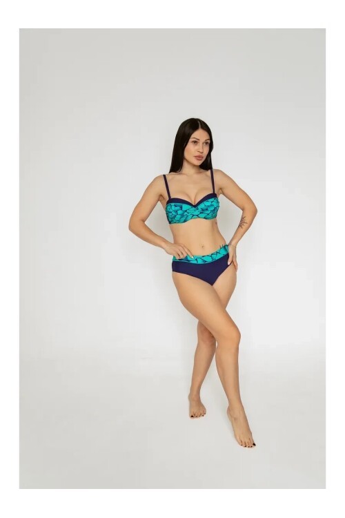 Kadın Yeşil Lacivert Desenli Astarlı Büyük Beden Bikini Takımı HZL25S-LC25143