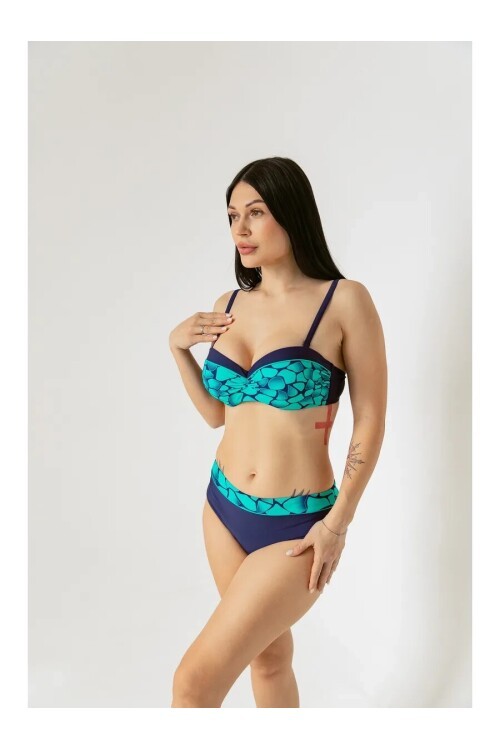 Kadın Yeşil Lacivert Desenli Astarlı Büyük Beden Bikini Takımı HZL25S-LC25143