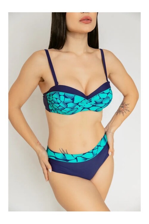 Kadın Yeşil Lacivert Desenli Astarlı Büyük Beden Bikini Takımı HZL25S-LC25143