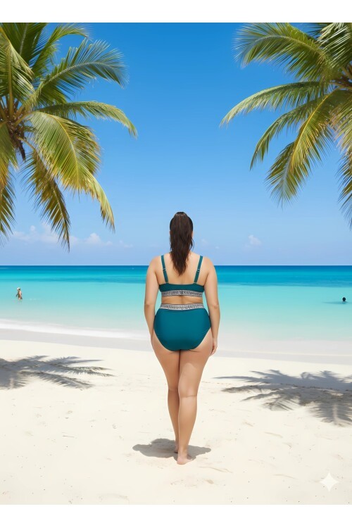 Kadın Yeşil Yüksek Bel Şerit Detaylı Destekli Büyük Beden Bikini Takımı HZL25S-LC201