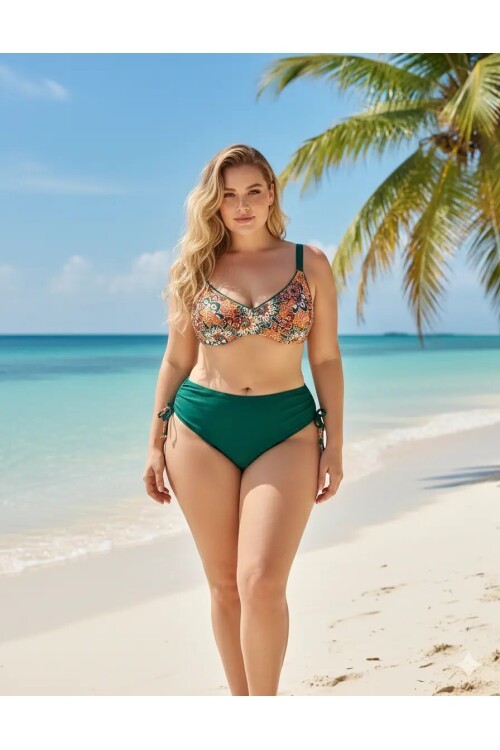 Kadın  Zümrüt Yeşil Etnik Desen Büyük Beden Bikini Takım HZL25S-LC3310