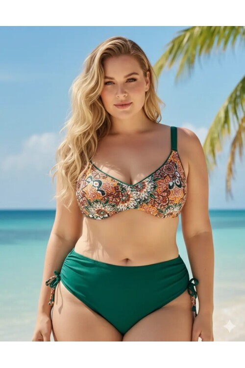 Kadın  Zümrüt Yeşil Etnik Desen Büyük Beden Bikini Takım HZL25S-LC3310