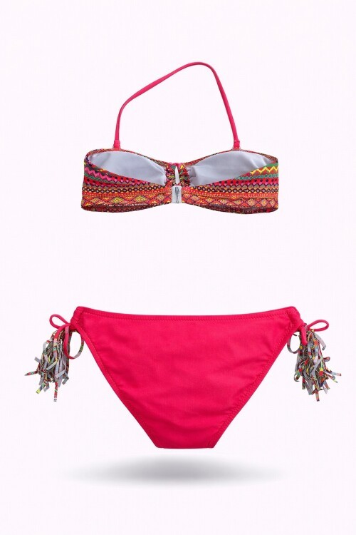 Kız Çocuk Fuşya Çok Renkli  İp Detaylı Astarlı 4-12 Yaş Üçgen Bikini Takım HZL24S-LC1904