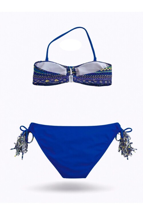 Kız Çocuk Mavi Çok Renkli  İp Detaylı Astarlı 4-12 Yaş Üçgen Bikini Takım HZL24S-LC1904
