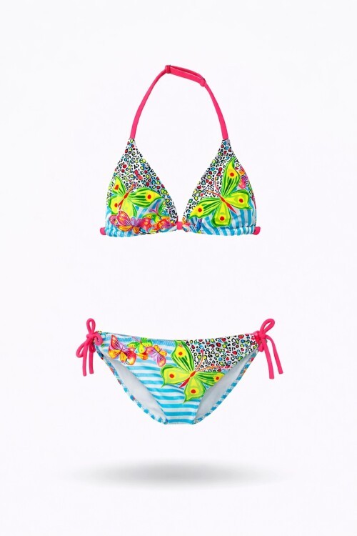 Kız Çocuk Mavi Kelebek Desenli  2-8 Yaş Üçgen Bikini Takım HZL24S-LC2134