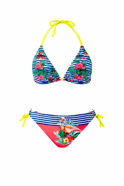 Kız Çocuk Mavi Pembe Flamingo Glow Desenli  6-14 Yaş Üçgen Bikini Takım HZL26S-LC19018