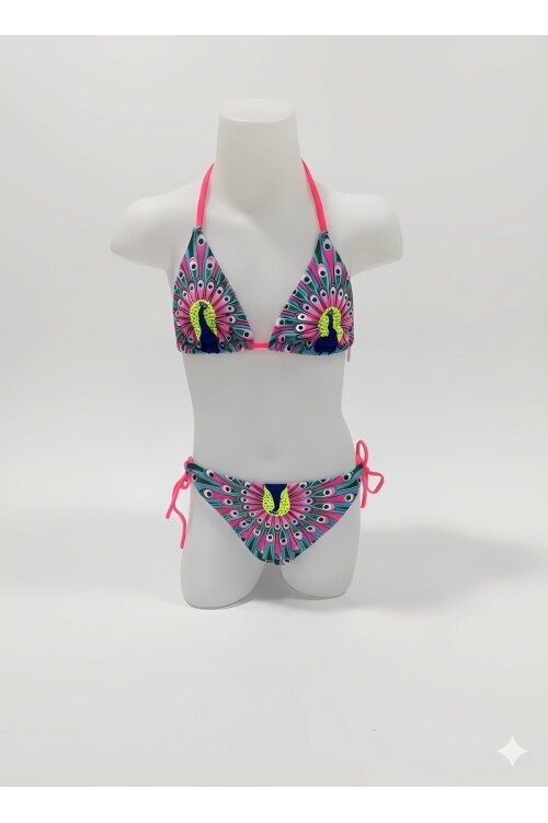 Kız Çocuk Mavi Tavuz Kuşu Desenli  6-14 Yaş Üçgen Bikini Takım HZL24S-LC19017