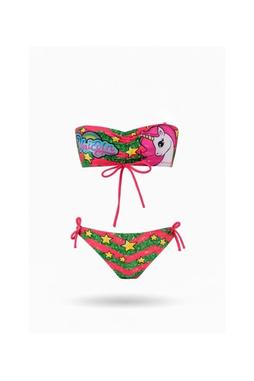 Kız Çocuk Neon Pembe Unicorn Desenli  2-8 Yaş Straplez Bikini Takım HZL24S-LC3658