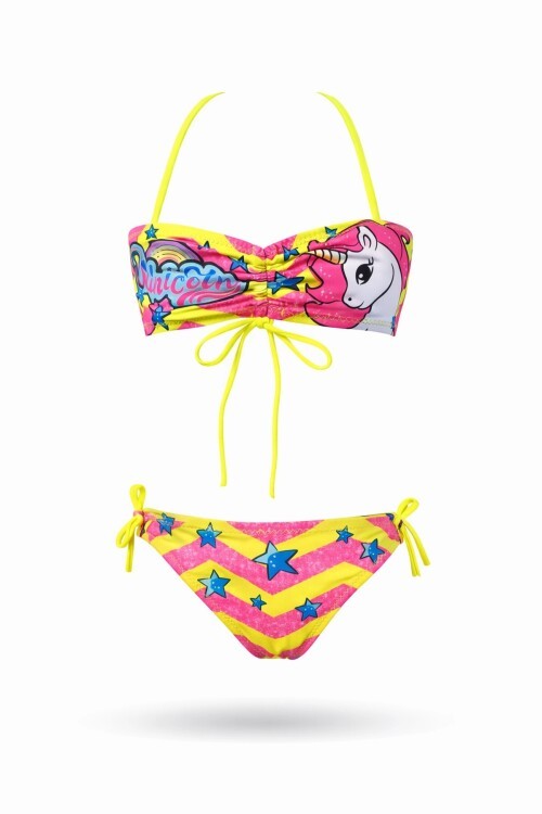 Kız Çocuk Neon Sarı Unicorn Desenli  2-8 Yaş Straplez Bikini Takım HZL24S-LC3658